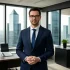 бизнес консультан стоит в офисе в смотрит в камеру на фоне небоскребов